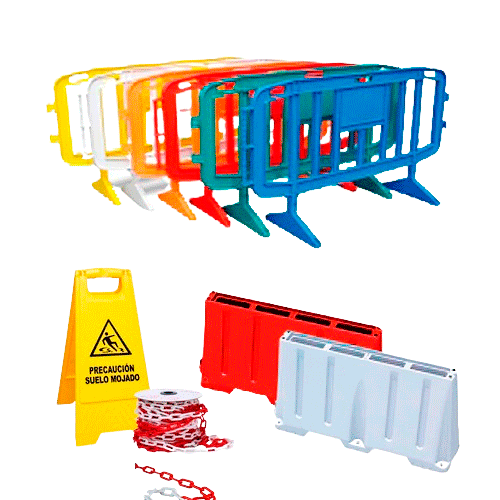 barreras de seguridad, cadenas y postes de seguridad, caballete suelo mojado, vallas de plástico de colores, barreras de plástico