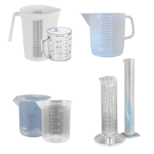 jarras graduadas, probetas plástico, vasos graduados